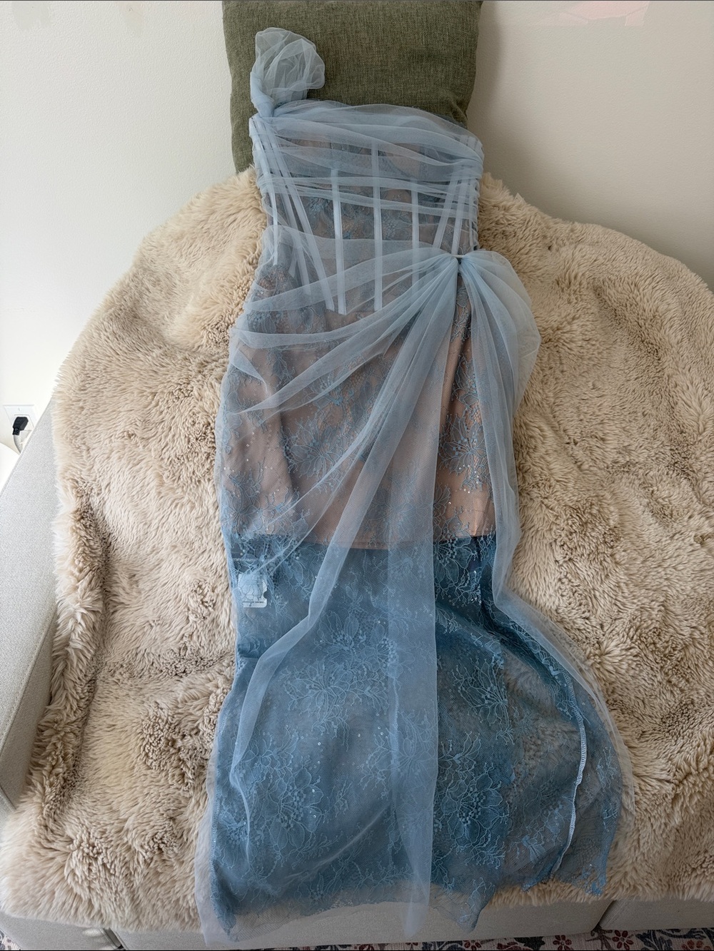 Strapless Light Blue Lace & Tulle Evening Dress